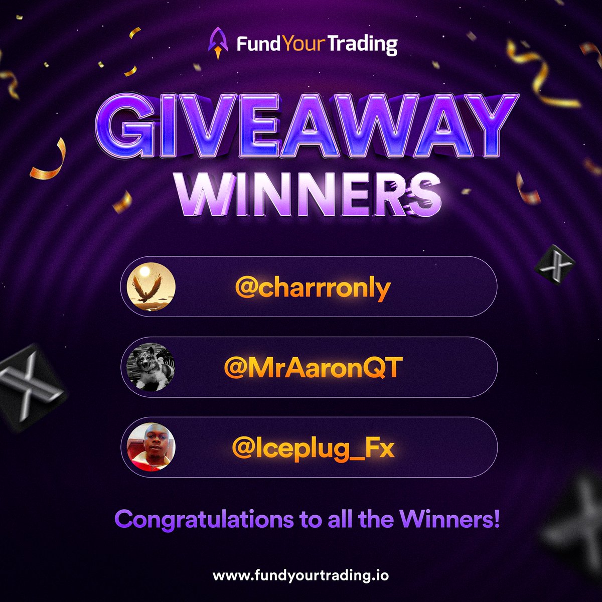 🎉🚀 Big congrats to the Winners of the 3 x 10K Funded Trading accounts from FundYourTrading! 🍾🎉

Ready for more thrilling giveaways? Join our Discord community today!

Link in bio! 🌟 

#TradingCommunity #Winners #Giveaways #Forex #Trading