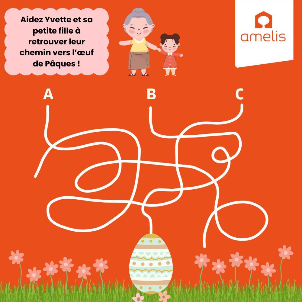 🐣🐰 Joyeuses Pâques de la part de toute l'équipe Amelis !
 
Yvette et sa petite fille cherchent leur chemin vers l'œuf de Pâques. 🥚
Saurez-vous les guider à travers ce labyrinthe printanier ? 🌸
