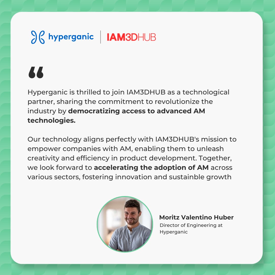 Hyperganic (@hyperganic) on Twitter photo We're thrilled to announce our partnership with <a href="/IAM3DHUB/">IAM 3D HUB</a>!🚀
Together, we aim to drive the adoption of #AdditiveManufacturing technologies and applications, empowering businesses with Design for Additive Manufacturing (#DfAM) solutions.
Stay tuned for more developments... We're thrilled to announce our partnership with <a href="/IAM3DHUB/">IAM 3D HUB</a>!🚀
Together, we aim to drive the adoption of #AdditiveManufacturing technologies and applications, empowering businesses with Design for Additive Manufacturing (#DfAM) solutions.
Stay tuned for more developments...