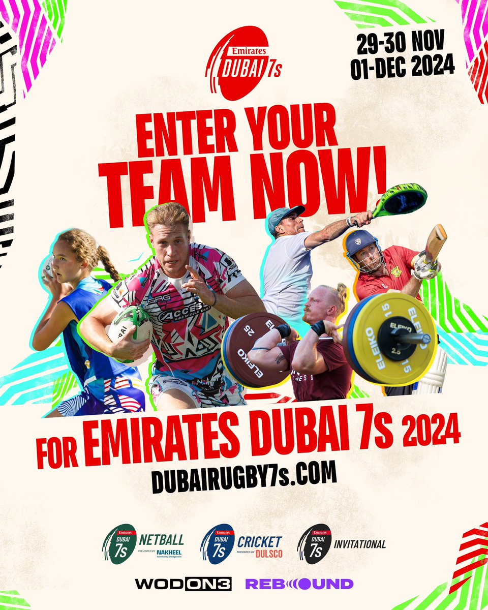 ‼️TEAM REGISTRATION IS NOW OPEN‼️ Enter your team to the Dubai 7s 2024, taking place on Fri 29th, Sat 30th Nov & Sun 1st Dec 🙌 Enter your team now for 1 of the 5 sports on offer! Find more information at dubairugby7s.com. #Dubai7s