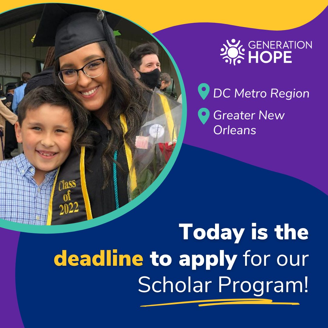 Teen parents in college: 📣 TODAY is the deadline to apply for Generation Hope’s Scholar Programs in DC and New Orleans! Apply for wraparound support on your college journey: generationhope.org/scholar-program