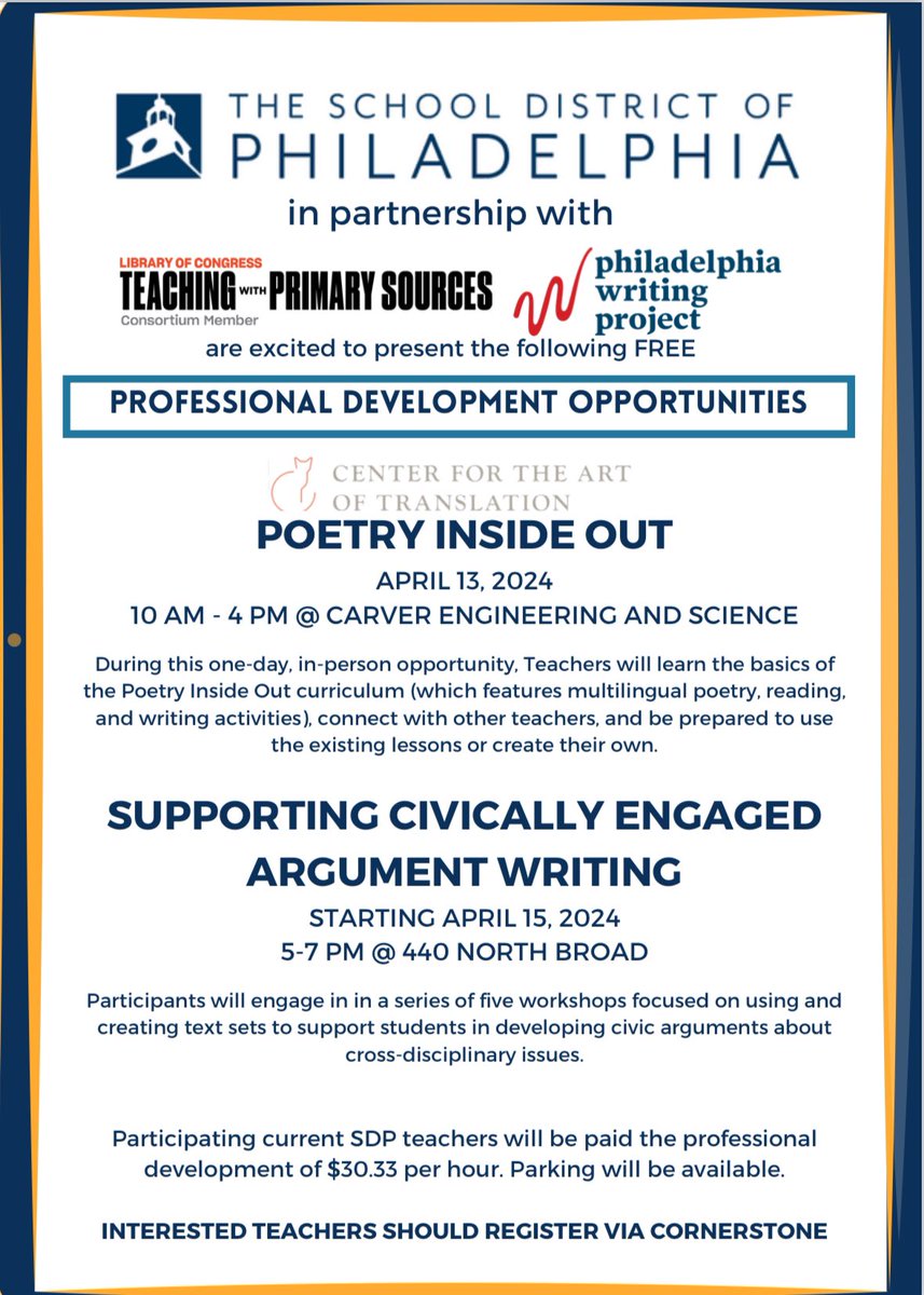 #PHLed teachers: PhilWP has partnered with @PHLschools to offer two workshops, one on poetry and one on civic argument writing. Both are for teachers of all grade levels and subject areas. Participants will be paid at the district’s PD rate. Join us by registering in Cornerstone.