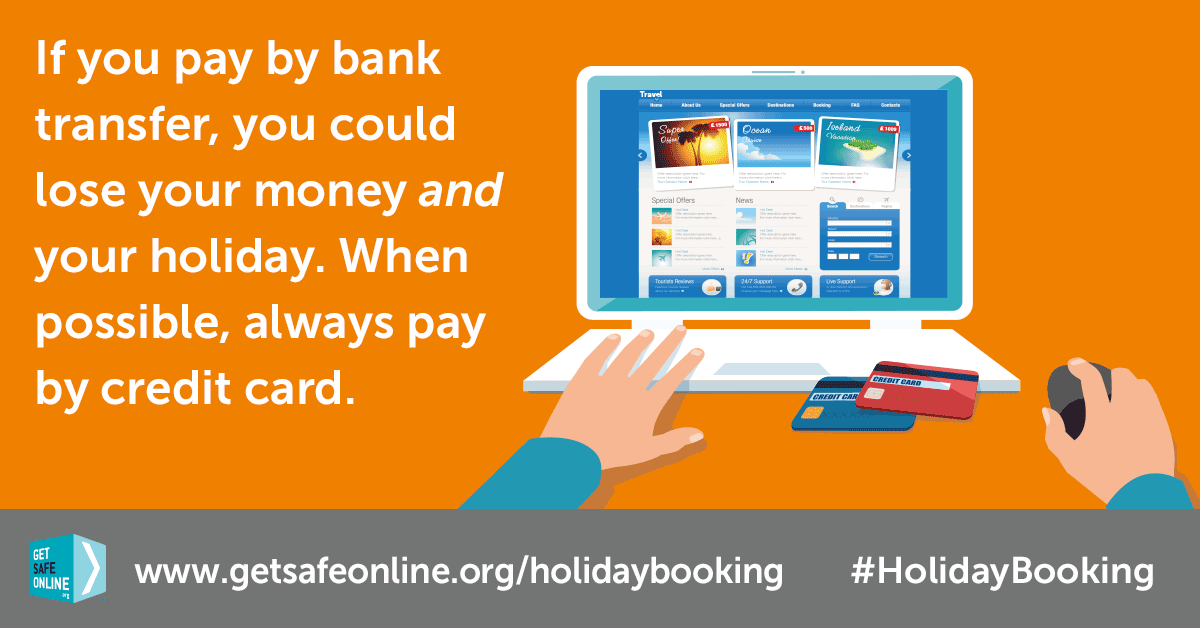 Being asked to pay by bank transfer for a holiday, break or travel could spell fraud. 

Wherever possible, pay by credit card instead. 

If not, research the seller fully.

Learn more: orlo.uk/hg1Tm

#HolidayBooking
#HolidayFraud