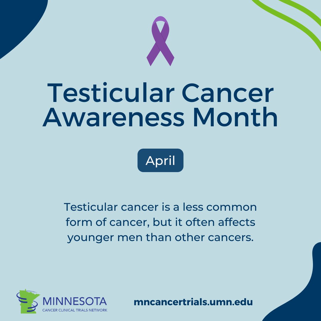 April is Testicular Cancer Awareness Month. #TesticularCancer affects younger men and has a high survival rate. We can learn about this cancer, treatments effects, and health outcomes through survivorship research. Learn more on the #MNCCTN blog: cancer.umn.edu/mncctn/news/te… #cancer