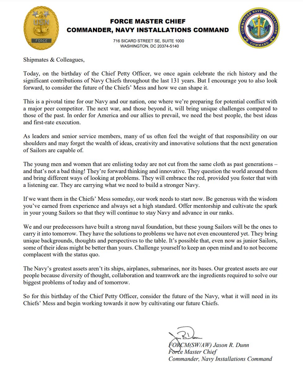 Today marks the 131st Birthday of the Chief Petty Officer in our Navy! CNIC's Force Master Chief Jason Dunn offers a message for the Chief’s Mess to reflect on the most valuable asset the Navy has, the warfighters they lead. Happy Birthday Navy Chiefs! 🇺🇸⚓️🎂