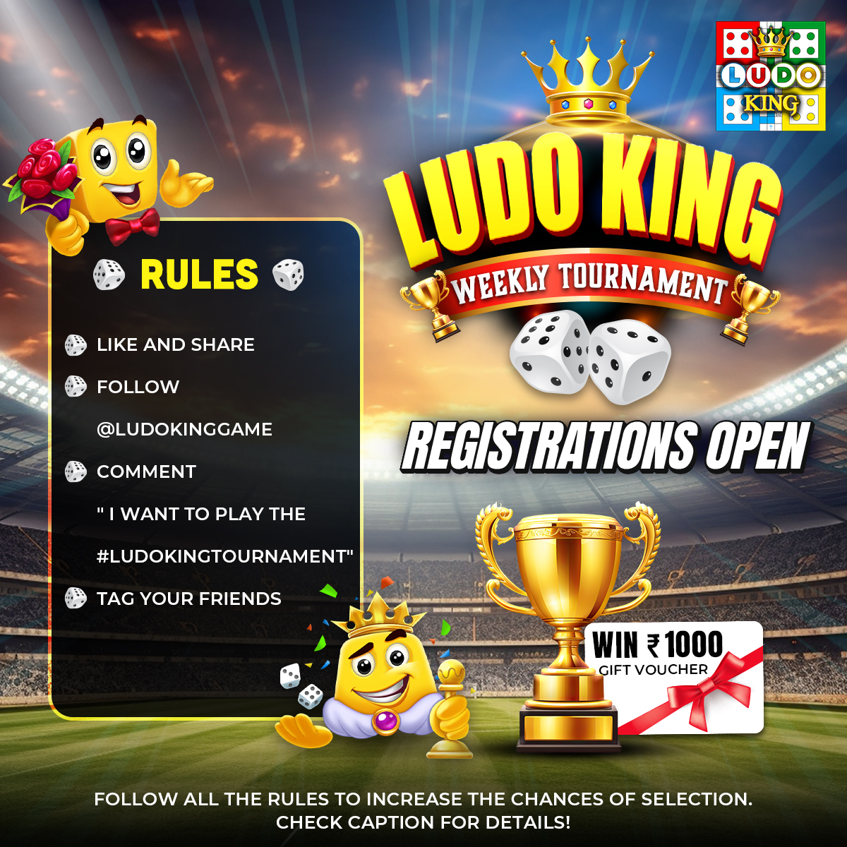 #LudoKing Tournament 🏆 Registrations are open for #LudoKingTournament & the winner will win Rs. 1000 Gift Voucher 🎁 🔊 Follow all the Rules: 🎲 Like 3 posts & share 🎲 Comment ' I want to play the #LudoKingTournament ' 🎲 Tag your friends #contestalert #contest