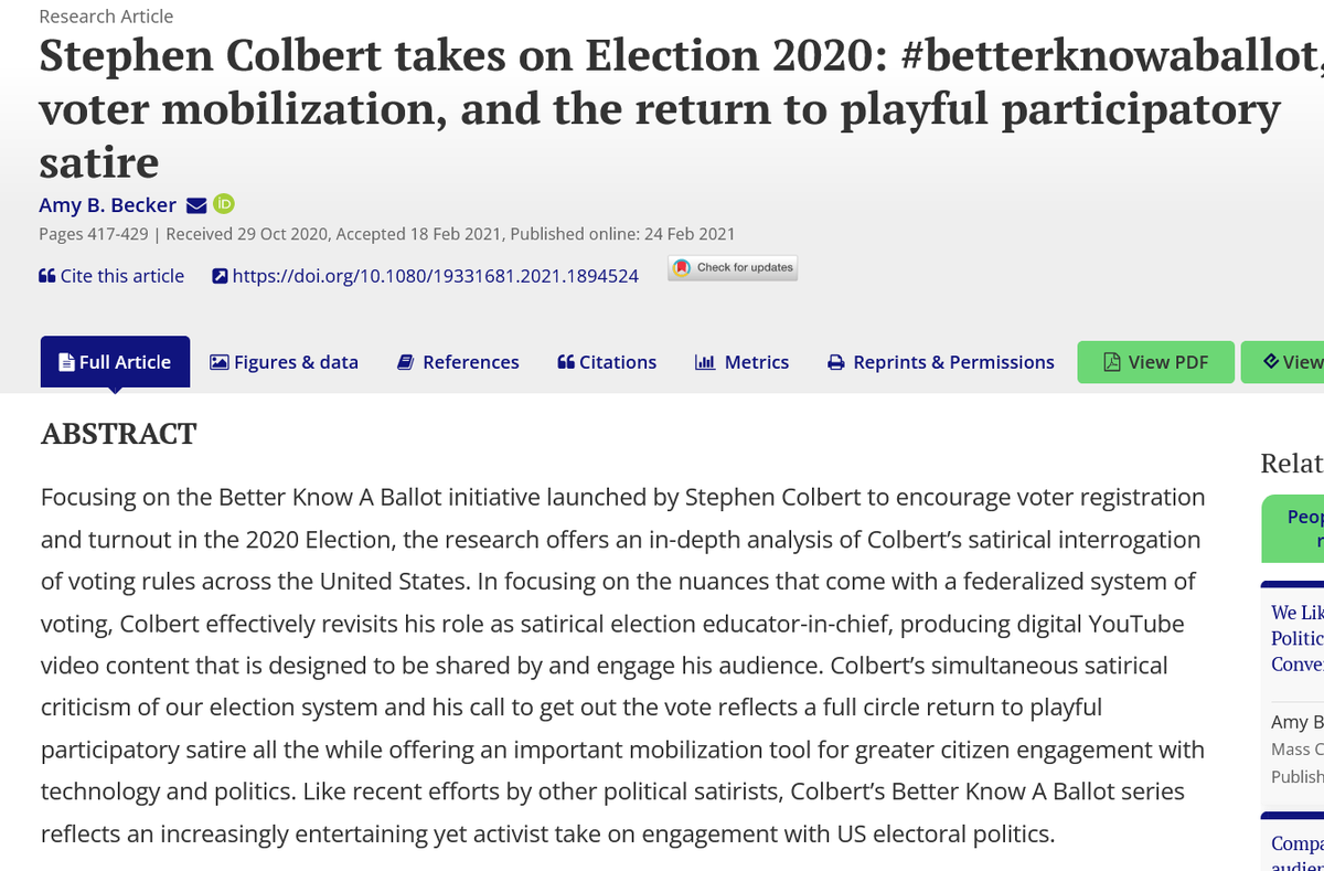 Dr. @dr_amybree explores the satirical interrogation of voting rules across the US used by Stephen Colbert 📺throughout his Better Know A Ballot initiative. #colbert #thedailyshow @TheDailyShow #betterknowaballot tandfonline.com/doi/full/10.10… @Apsa_itp