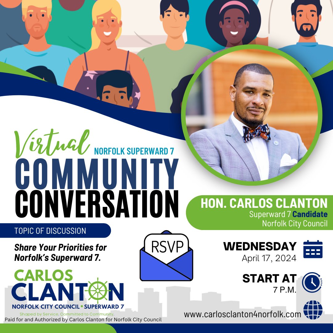 Join us for the first in a series of Virtual Superward 7 Community Conversations hosted by Carlos Clanton, Norfolk City Council SW7 Candidate! 🌟 🗓️  Wed., April 17, 2024 🕖 7 p.m.  Click here to register carlosclanton4norfolk.com/events #NorfolkCommunity #Superward7  #engageandempower