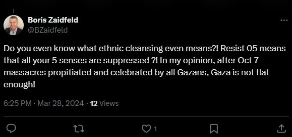 AntiPalHM_CAN's tweet photo. Boris Zaidfeld (@BZaidfeld) is Managing Director at @Cyderes. Zaidfeld has said:
- "Gaza is not flat enough!"
- That a Palestinian child starving is the fault of "his fat mother"
- "When you Islamonazis stop f***ing with the Jews!", in response to a post about a Palestinian woman trying to find her buried alive son, that asks: "When will it stop?"

You can contact Cyderes to express concern about Zaidfeld's posts by 👇
Email: info@cyderes.com

Zaidfeld's LinkedIn:
https://t.co/KlE7EQ8NsL