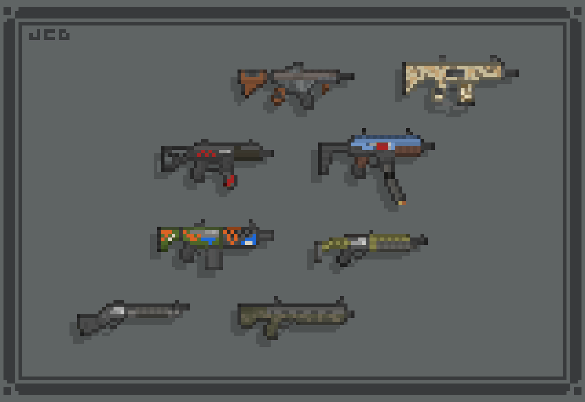 JCDevise's tweet photo. Some Fortnite guns in small pixel icons!

| #pixel | #pixelartist  | #digitalart | #ドット絵 | #fortnite | #fortniteart | https://t.co/TnRYCBrQLj