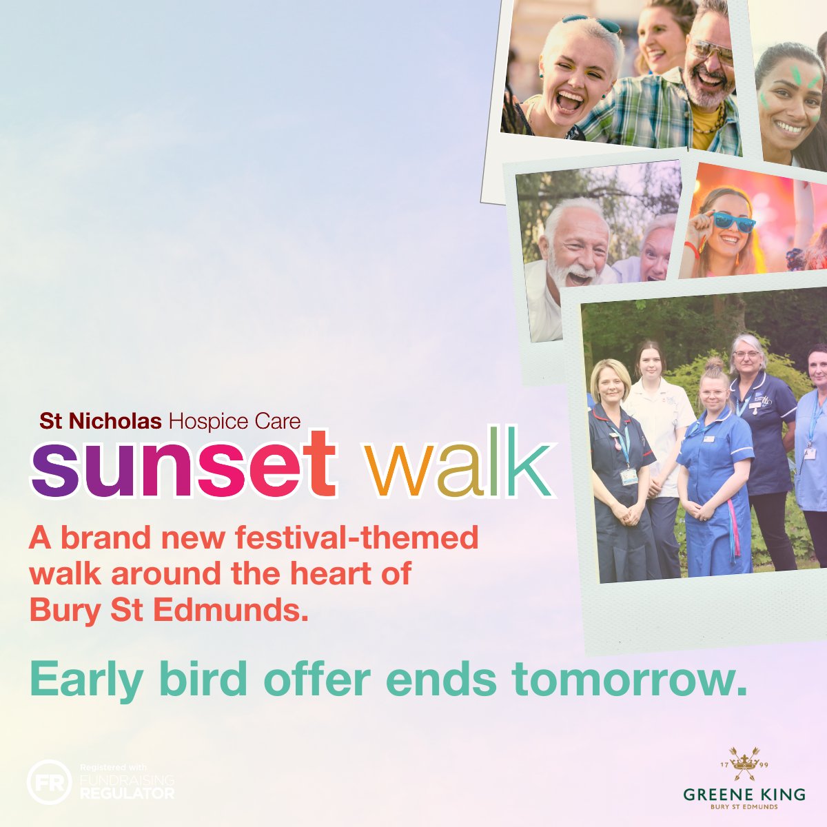 Last chance to catch the early bird, which ends tomorrow. Walk 10 or 15km at our Sunset Walk, sponsored by Greene King, on June 22. Register now for our festival-themed evening of music and memories: stnicholashospice.org.uk/fundraising-ev… #SunsetWalk