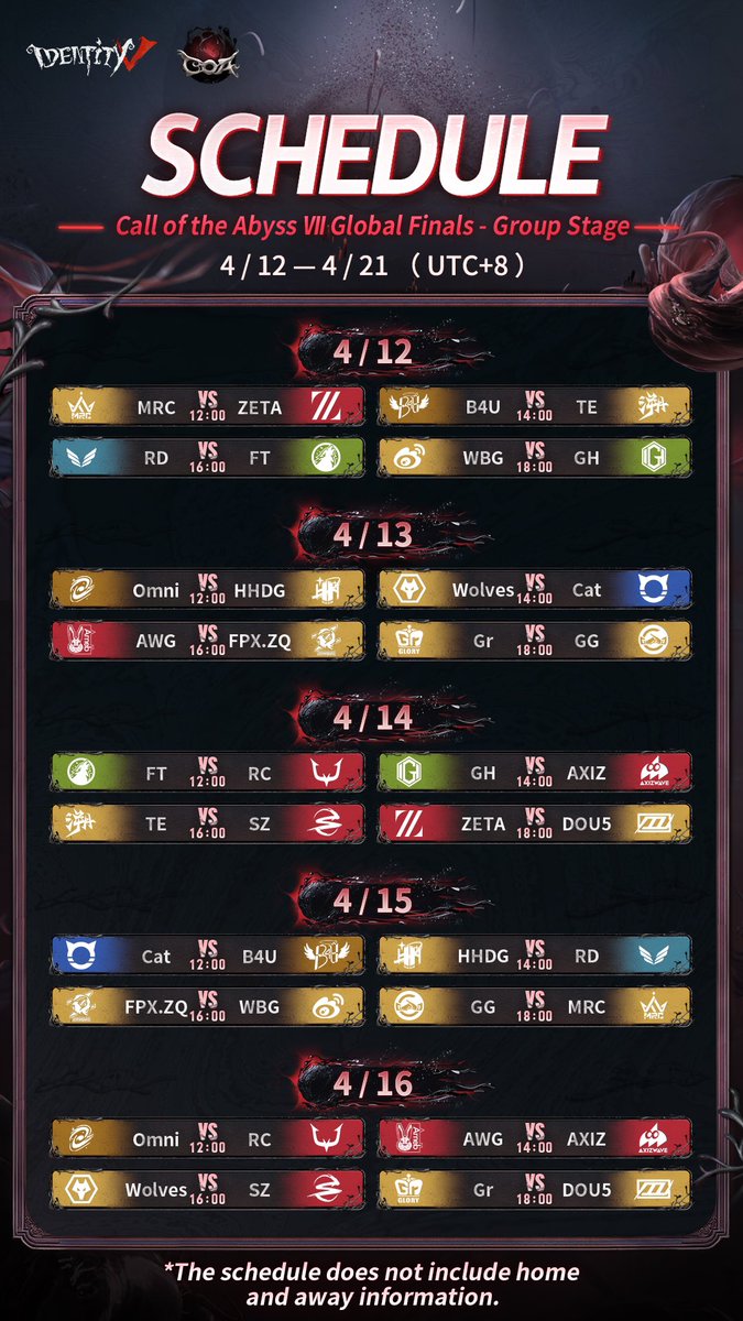 GHTEAM_IDV's tweet image. 2024 𝘾𝙖𝙡𝙡 𝙤𝙛 𝙩𝙝𝙚 𝘼𝙗𝙮𝙨𝙨 𝙑𝙄𝙄 - 𝙂𝙧𝙤𝙪𝙥 𝙎𝙩𝙖𝙜𝙚

📍Venue HaiLan Intl E-sports Center, Hangzhou, China.

📌Group D 
12/4 17:00 WBG vs GH
14/4 13:00 GH vs AXIZ
17/4 15:00 FPX.ZQ vs GH
19/4 13:00 GH vs AWG
[เวลาประเทศไทย UTC+7]

#GHteam_Tour #IdentityV #COAVII