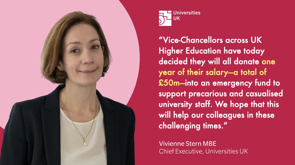 Vice-chancellors across UK HE are donating one year of their salary (£50m in total) into an emergency fund to support precarious and casualised university staff. What an incredible gesture; thank you @UniversitiesUK and @viviennestern
