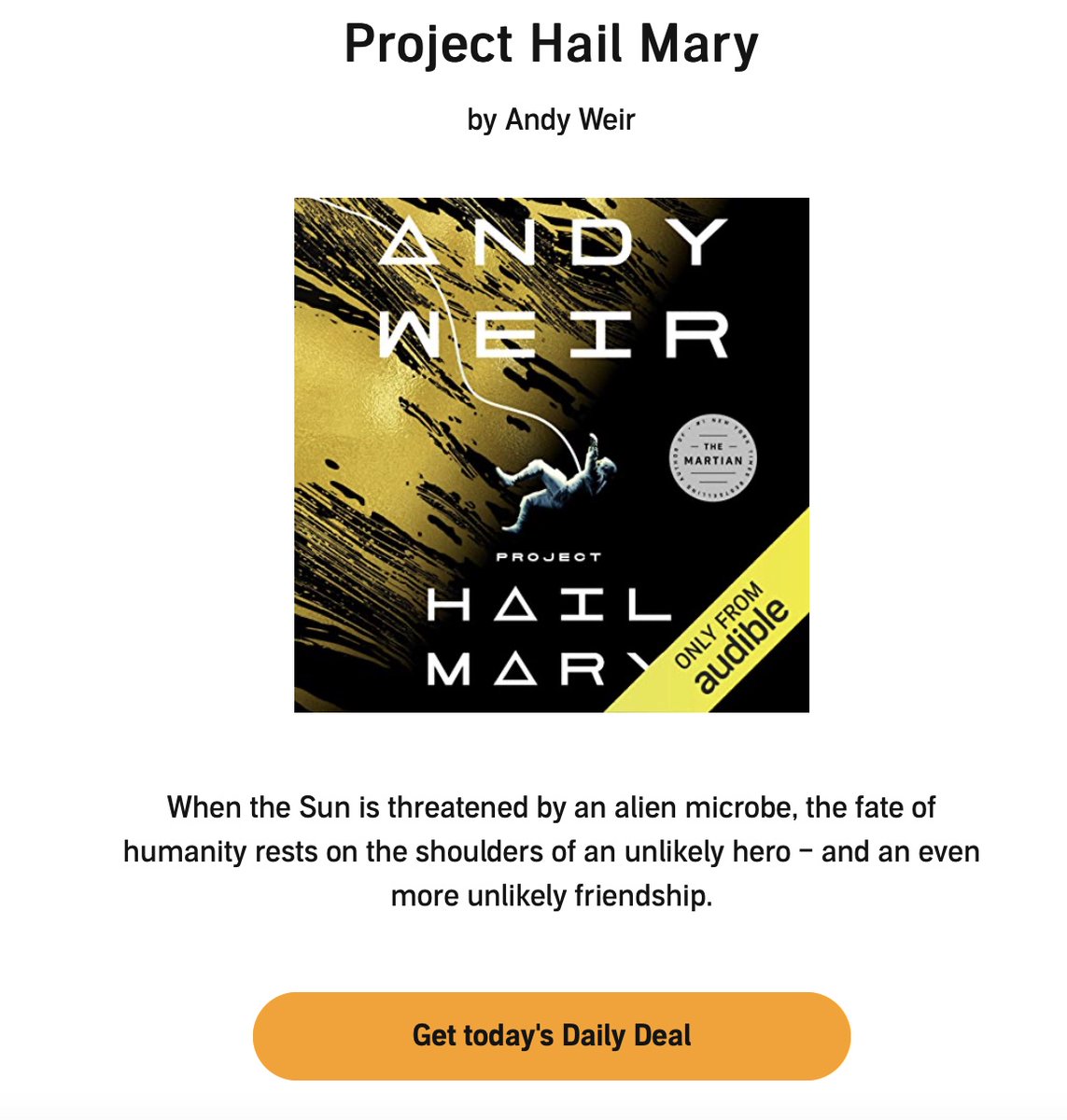 My fave audiobook of the year – #ProjectHailMary – is on sale today only for £2.99 (if you're a member of @audibleuk). Don't miss the chance to nab it! audible.co.uk/pd/Project-Hai…