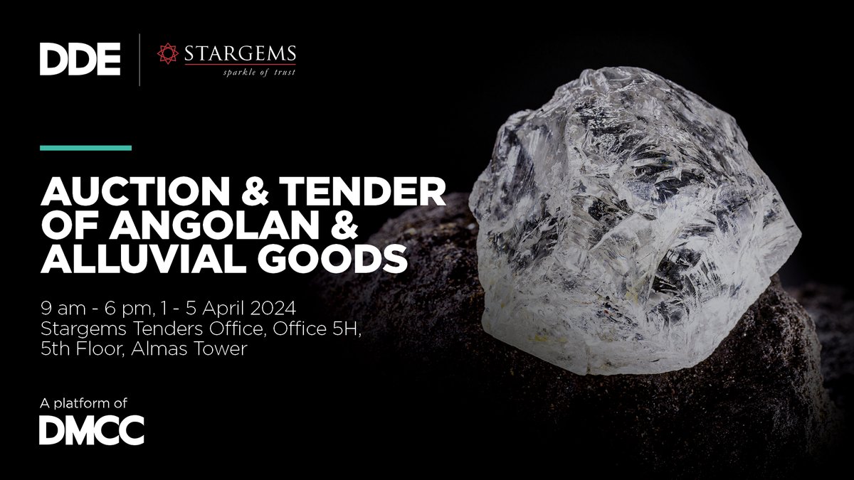 DDE_by_DMCC's tweet image. Attend the @StarGemsGroup's upcoming auction and tender showcasing #Angolan and #alluvial #roughdiamonds. Participate in the bidding process at #Almas Tower until 5 April by booking your appointment at hubs.li/Q02rh1_w0