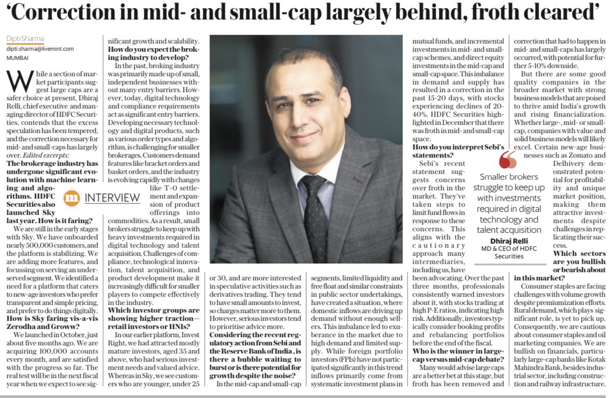 DiptiS2705's tweet photo. On listing plans, @dhiraj_relli told @livemint that as a cash-flow +ve company, @hdfcsec is performing well, and listing is not required at this time. 
“We are currently in the process of conducting our rights issue, so there's no immediate requirement for additional capital”. https://t.co/ULTatadIwK