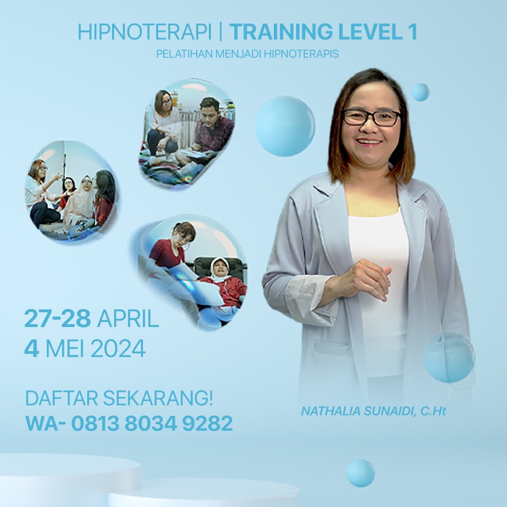 PELATIHAN MENJADI HIPNOTERAPIS (LEVEL 1)
Training Hipnoterapi Basic Jakarta

HARGA PROMO RP 9.795.000,-
Harga normal RP 17.500.000

Daftar Wa 081380349282 klik wa.link/ih91y1

JADWAL TRAINING
Sabtu-Minggu, 27-28April
Sabtu, 4 Mei 2024
JAM 09.00-16.00

LOKASI:Jakarta