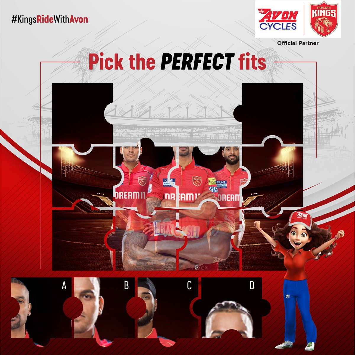 Can you choose the perfect fits to fix up our puzzle? Dive in and find the missing pieces & stand a chance to win exciting prizes #KingsRideWithAvon #AvonCycles #PunjabKings #JazbaHaiPunjabi