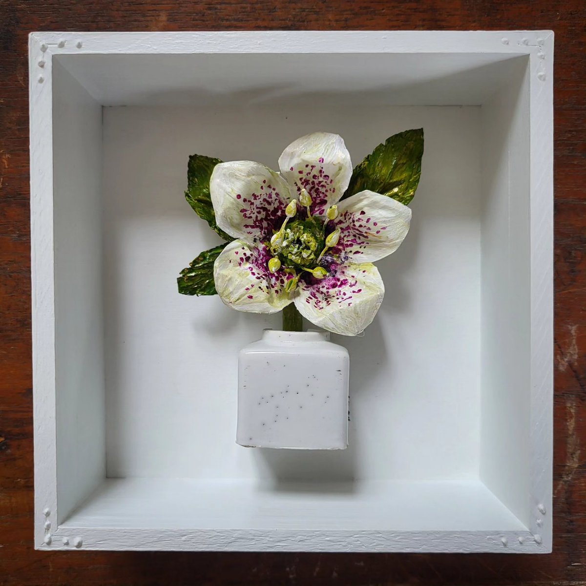 Something  old, something new. A helabore with its  splattered purple ink centre in a found ink pot- Serendipity !
#reducereuserecycle♻️
#upcycledart
#upcycledtin
#helabore 
#foundobjects