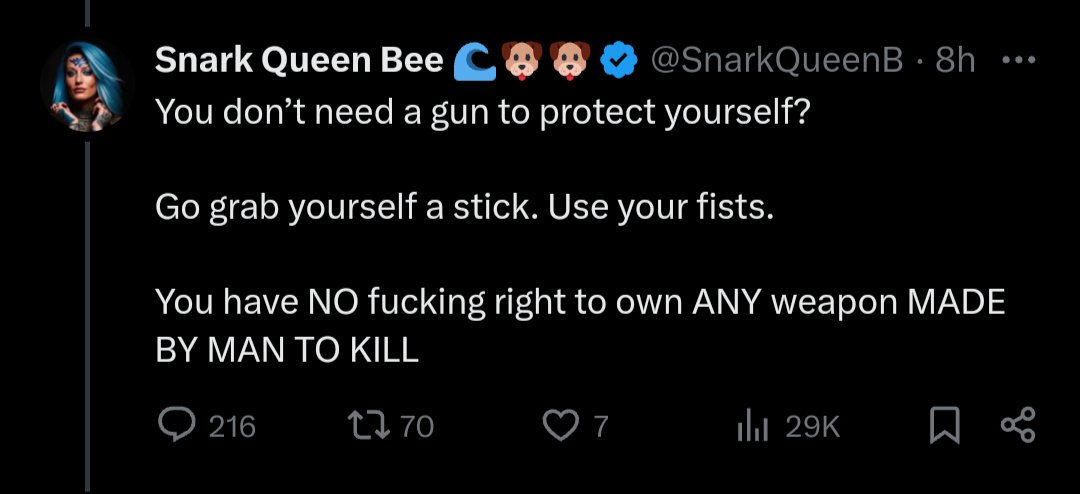 telling the disabled woman coming into my gun shop looking for protection to just fist fight the tweeked out meth heads attacking her next time. simply get good.