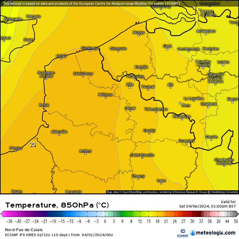 MetJam_'s tweet photo. The madness of warm air aloft continues on ECM at 132h with 20C 850 hPa temperatures making it into NW France near Abbeville and 19C 850 hPa temperatures making it to Calais. If it were summer, you would be expecting 35C from these kinds of temperatures aloft! https://t.co/EkjzFa6QlV