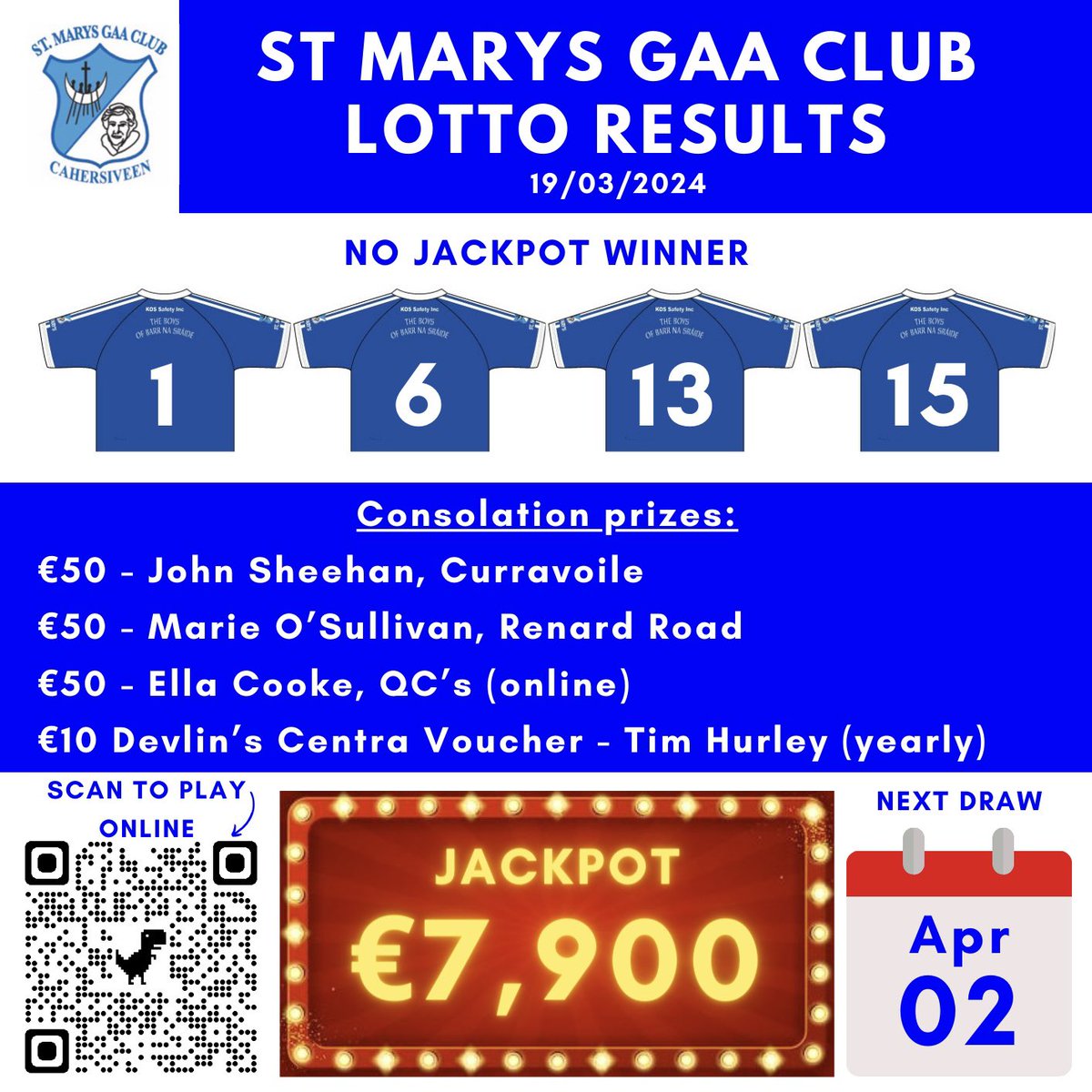 Club lotto results 💰 There was no winner of the jackpot of €7,800. Thank you to everyone who continues to support our club lotto. Next week’s jackpot is €7,900! 1/2