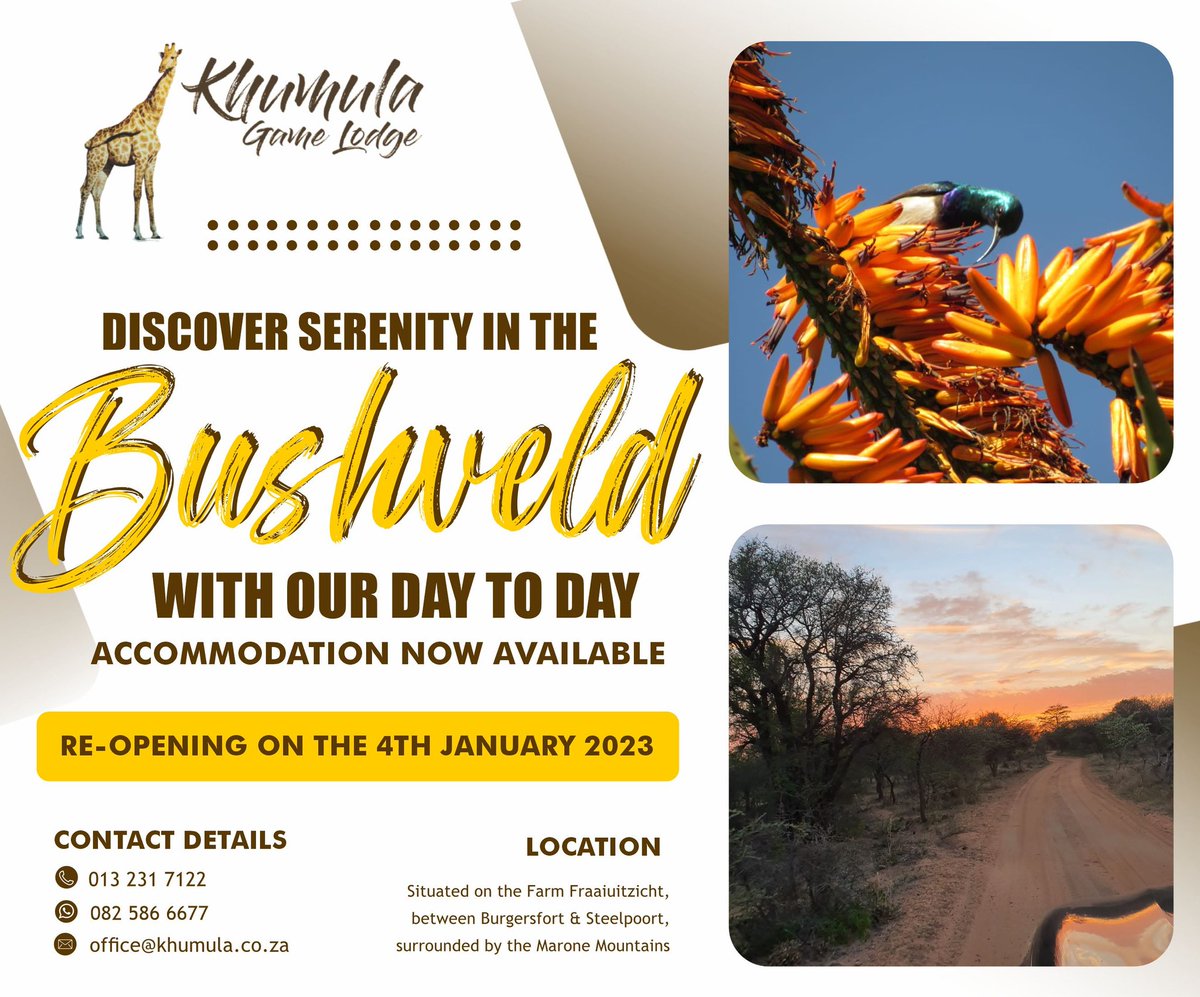 KhumulaL's tweet photo. Escape to the heart of the bushveld at Khumula Lodge! Ideal for team-building and year-end functions, our lodge offers a scenic deck with stunning dam and mountain views.
#KhumulaLodgeEscape #AffordableBushVeldRetreat #WildlifeGetaway #ScenicDeckViews #TeamBuildingRetreat https://t.co/Ne5Xgh7FI7
