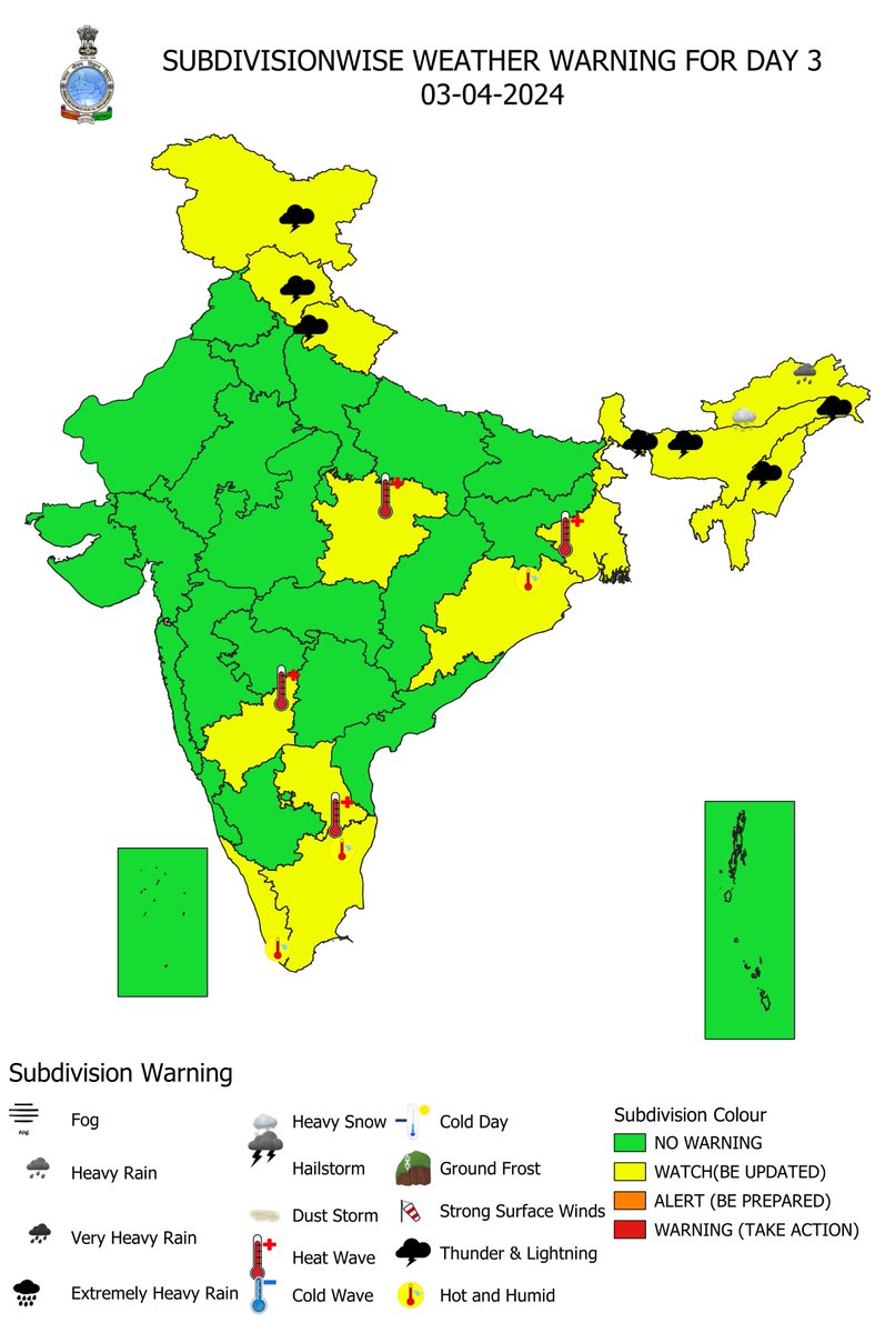 Indiametdept's tweet photo. i) Enhanced rainfall/thunderstorm activity likely to continue over Northeast India till 07th April, 2024.
ii) Heat wave conditions likely to prevail over parts of central & peninsular India during 03rd-05th April, 2024. https://t.co/MEYxdsh6sv