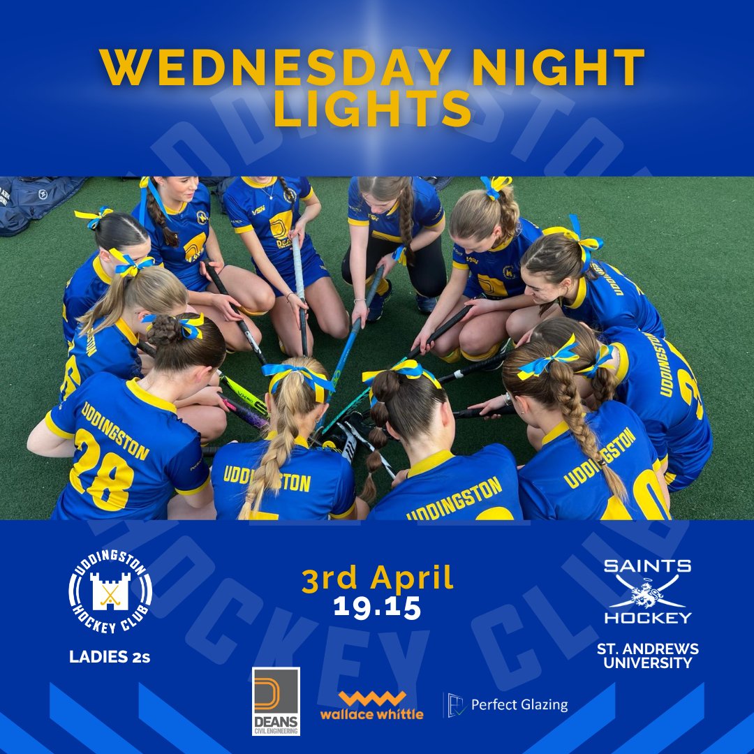 Its our Deans Civil Engineering Ladies 2s under the Wednesday Night Lights this week! 🏑 The girls take on St. Andrews University under the Uddy lights! Get yourself down pitchside and support our girls tonight, pushback at 19.15 💙💛 #uddyfamily @scottishhockey