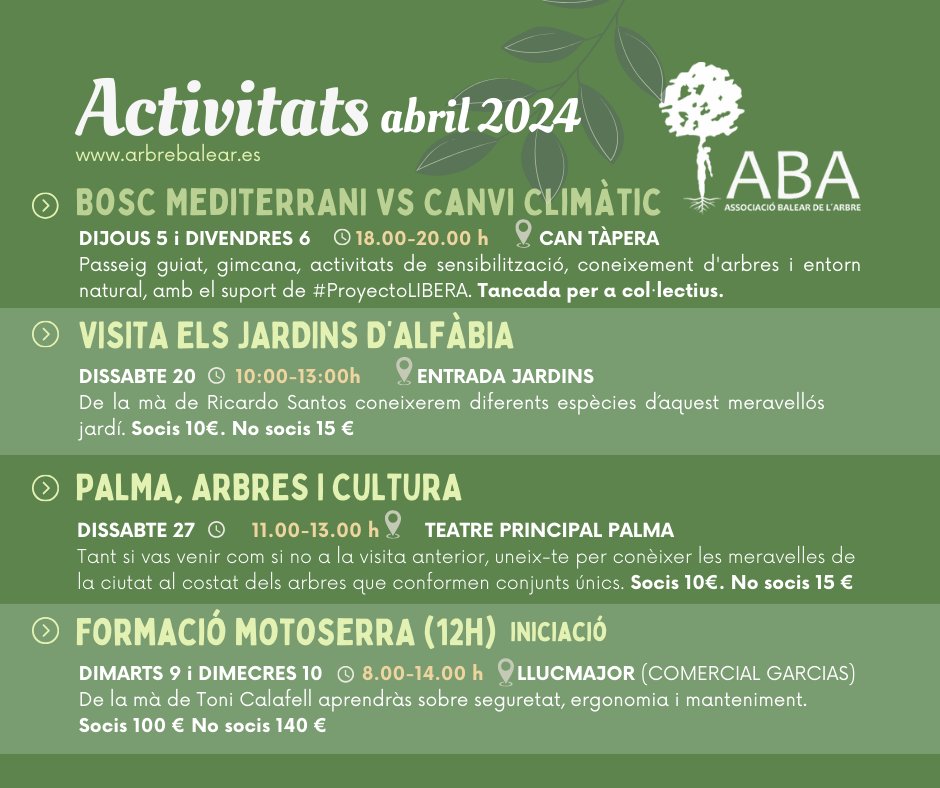 Abril és fantàstic per a gaudir dels #arbres🌳 Des d'#ABA vos proposem activitats per a tots els públics en els #JardinsdAlfàbia, un recorregut d'arbres a #Palma, una activitat només per a grups en #CanTàpera i també #formació de #motoserra Apuntar-se en: docs.google.com/forms/d/1rrshb…