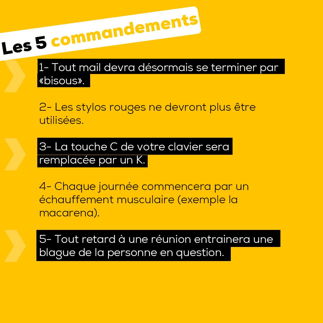 Vous avez dit convivialité ? Chez nous, elle se vit au quotidien et incarne pleinement notre culture 💛
C'est pourquoi pour la renforcer un peu plus, nous avons concocté 5 nouvelles règles à suivre par nos équipiers 👇 Un seul mot d'ordre : on compte sur vous chers équipiers !