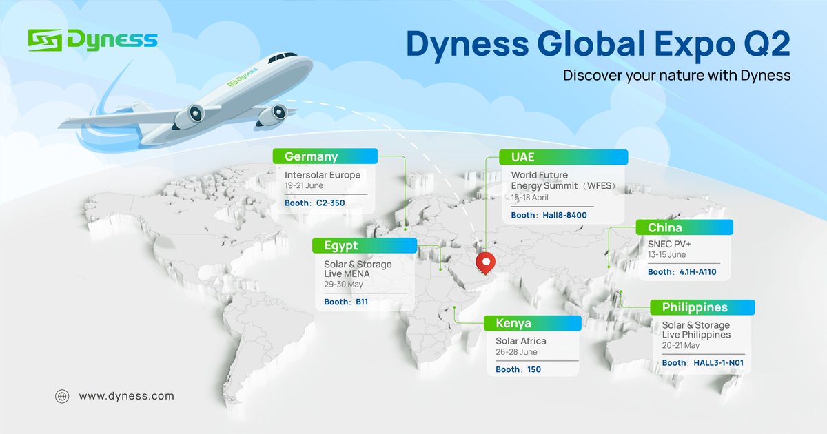 please check out the Q2 exhibition #itinerary!☀️#Dyness is about to embark on a new exhibition journey for Q2!
 
#DynessExpo #solarpower #energyrevolution #greenfuture #solarevent