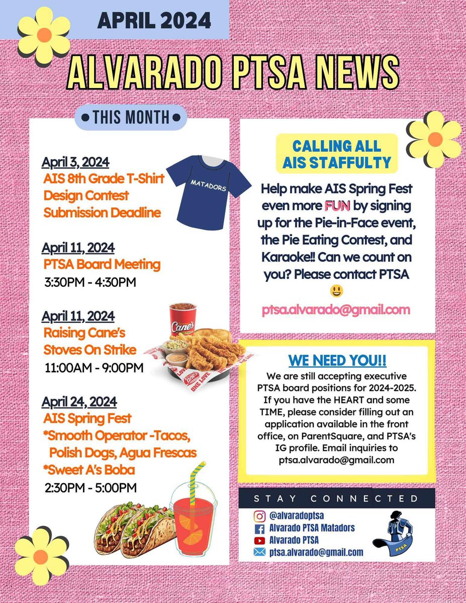 Check out our April monthly newsletter for more ways to engage with your Matador community. Thank you for your continued support!
~ Alvarado PTSA