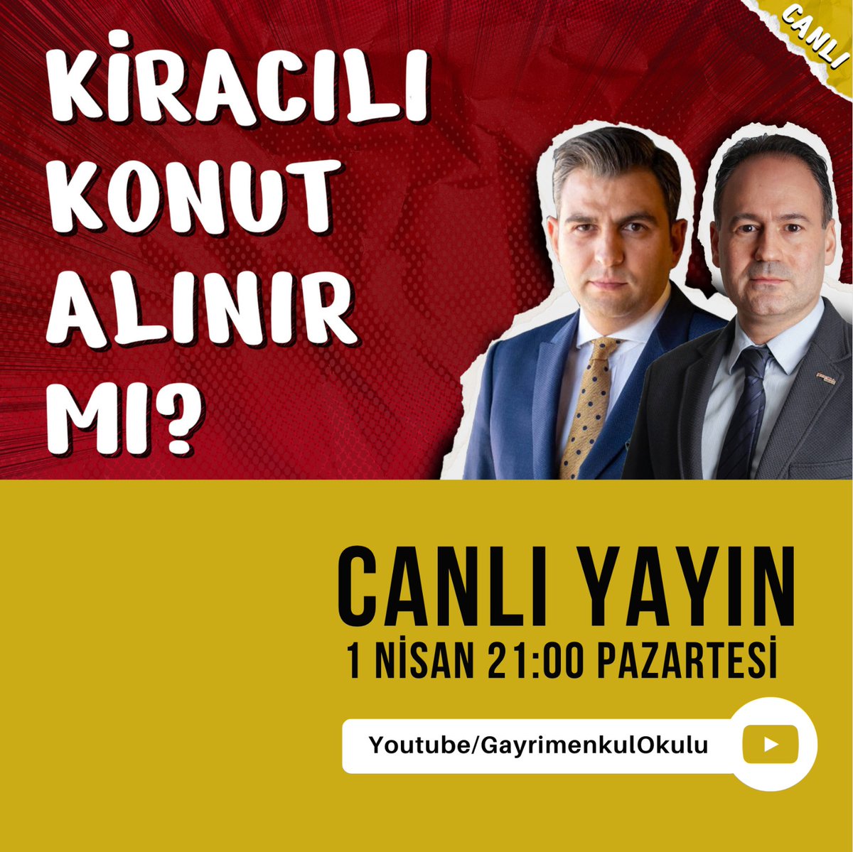 Bugün akşam 21.00'da canlı yayında konuğum Avukat Murat Tezcan. Kiracı ve ev sahibi sorunları ile kiracılı konut satın almak konularını konuşup, sizlerden gelen soruları konuğuma soracağım. Kanala abone olup, sorularınızı iletebilirsiniz. youtube.com/live/MA9DQE8vV…