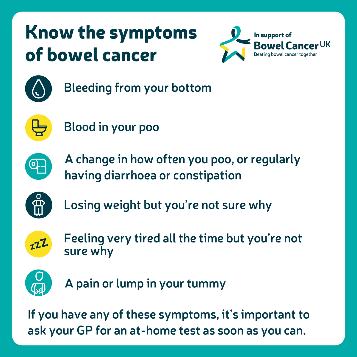 This #BowelCancerAwarenessMonth @bowelcanceruk want you to know this #OneThing – the earlier bowel cancer is spotted, the more treatable it’s likely to be. Learn more: bowelcanceruk.org.uk/about-bowel-ca…