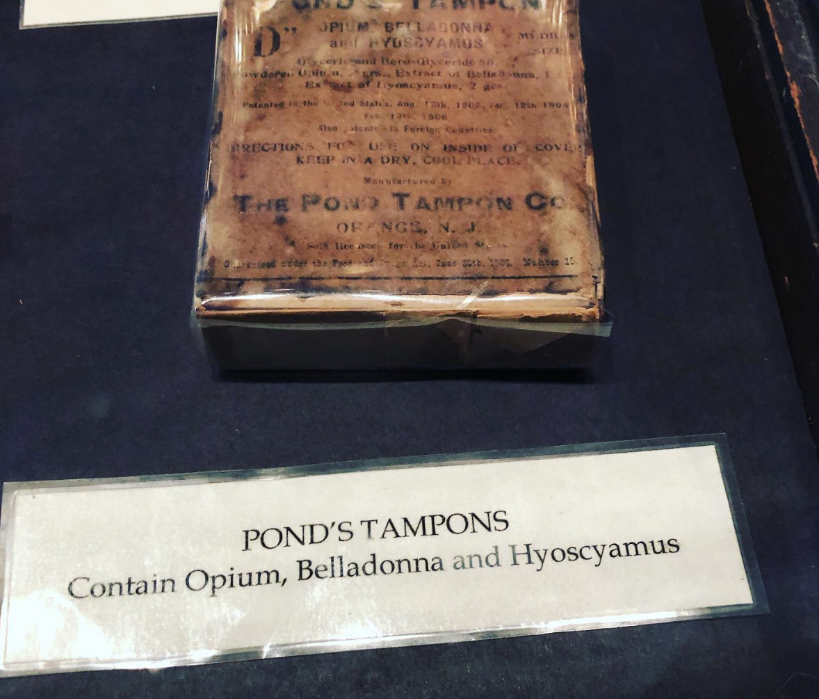 In the early 20th century, Pond's medicated tampons were soaked in opium, belladonna, and hyoscyamus in order to relieve menstrual pain. This example comes from the Pharmacy Museum in New Orleans. Learn more about their collection here: pharmacymuseum.org