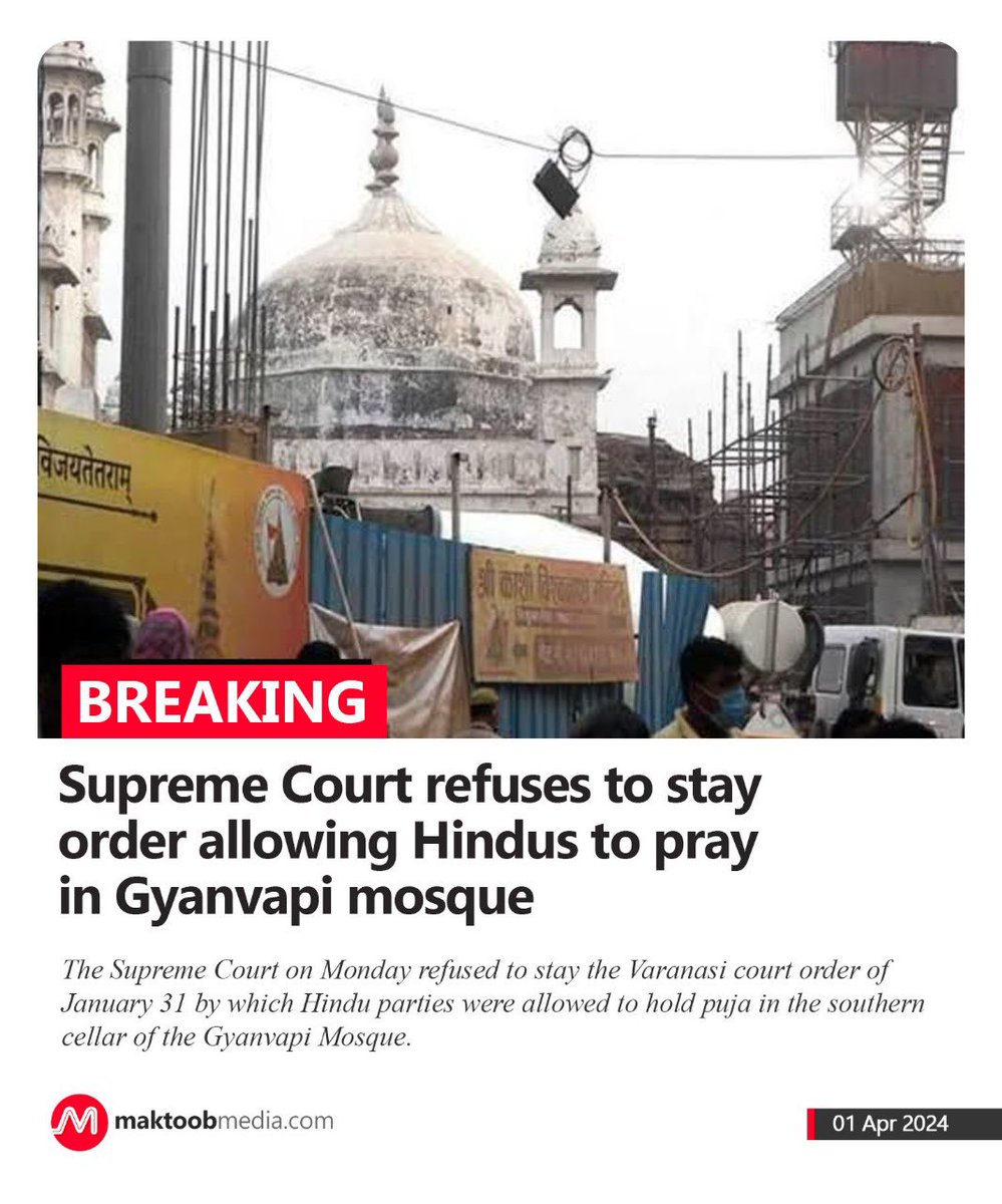 Breaking: Supreme Court refuses to stay order allowing Hindus to pray in Gyanvapi mosque

The Supreme Court on Monday refused to stay the Varanasi court order of January 31 by which Hindu parties were allowed to hold puja in the southern cellar of the Gyanvapi Mosque.