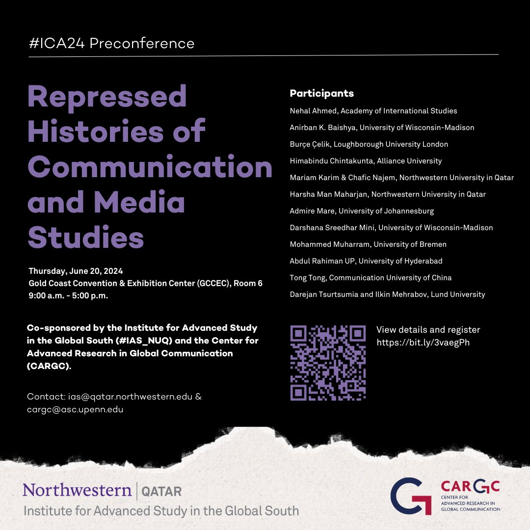 #IAS_NUQ and @AnnenbergCARGC are thrilled to present an #ICA24 preconference, focused on 'Repressed Histories' in the fields of media, information, and communication studies.

🗓 June 20, 2024
🕒 9:00 a.m. – 5:00 p.m.
📍 GCCEC, Room 6

View details: bit.ly/3vaegPh