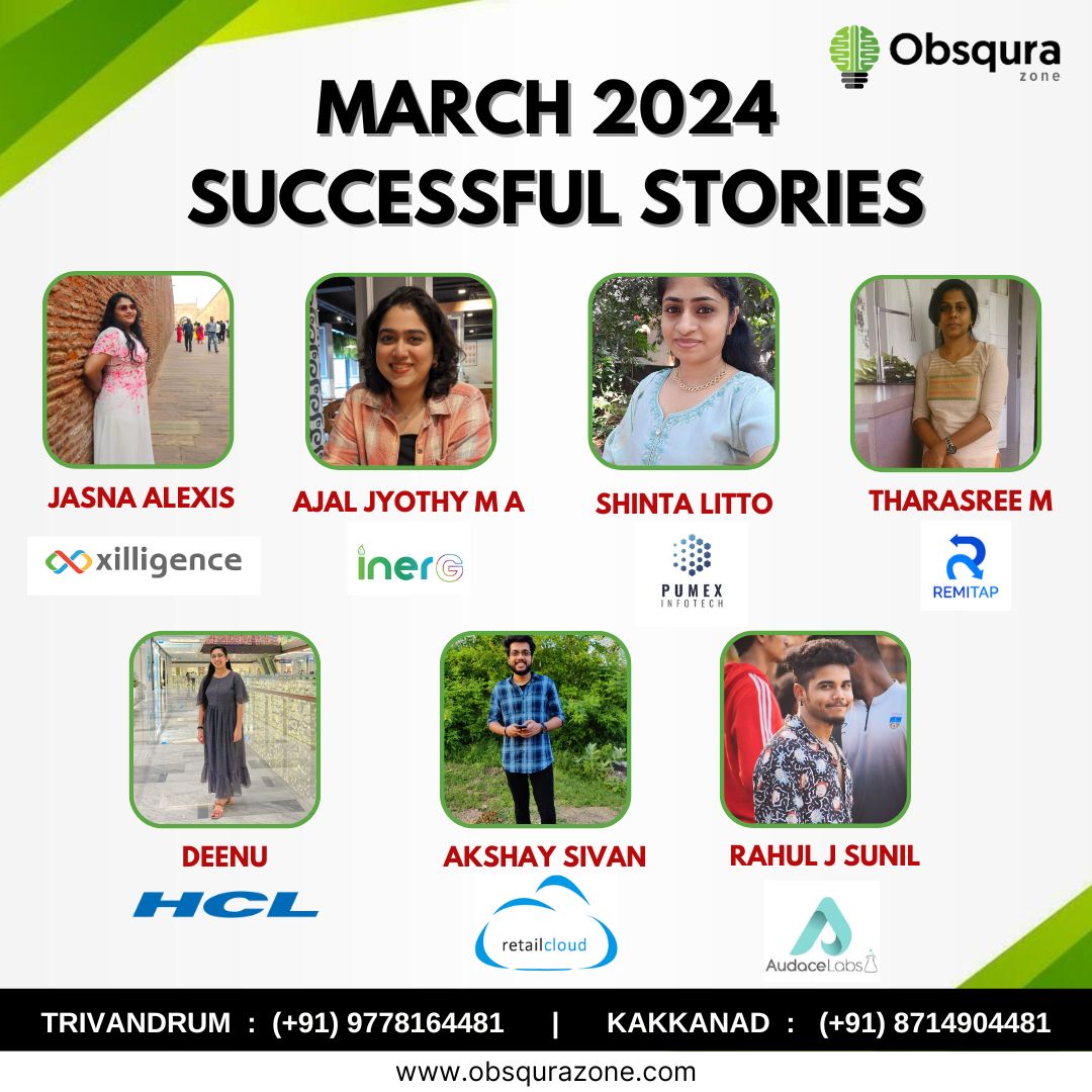 #SuccessStories ✨Our March 2024 Placement Highlights✨ 💐Congratulations to our outstanding students on their remarkable achievements. 👉Be the Next! 📲For more info please contact: 📍Trivandrum Call/WhatsApp : (+91) 9778164481 📍Kakkanad Call/WhatsApp : (+91) 8714904481