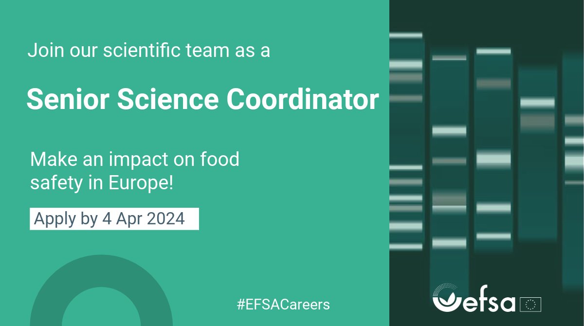 📣 Calling all innovative food scientists! Only 4 days left to apply for Senior Science Coordinator role working on cutting-edge projects in #RegulatoryScience Don't miss out, apply now! ⤵️ europa.eu/!rbg8Pg ⏲️ | 4 April #EFSACareers #eucareers