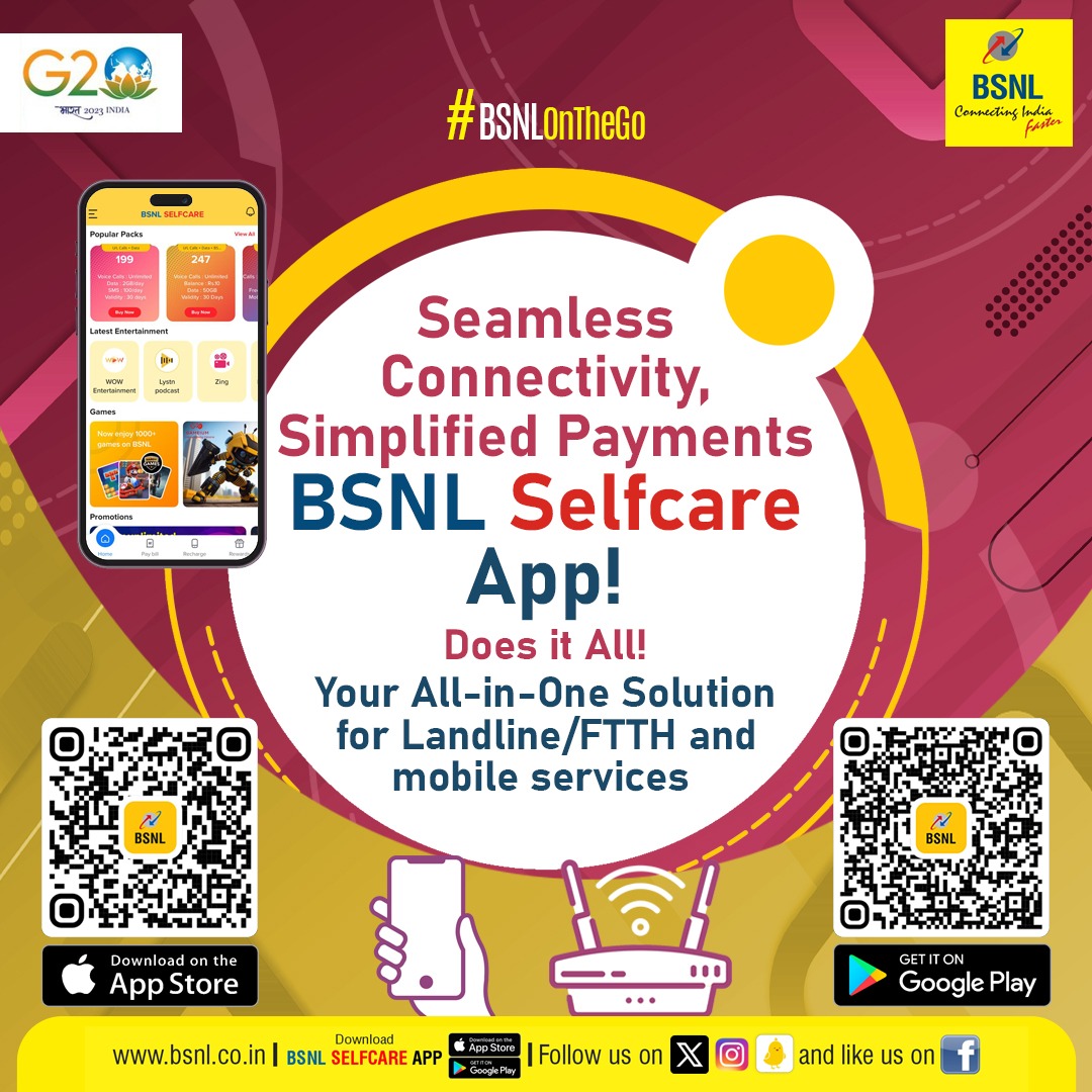 Seamless Connectivity, Simplified Payments: #BSNLSelfcareApp Does it All! All-in-One Solution for Landline/FTTH and Mobile Services. Google Play: bit.ly/3H28Poa App Store: apple.co/3oya6xa #BSNLOnTheGo #BSNL #DownloadNow