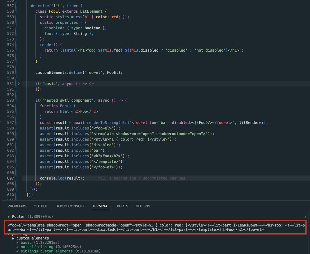passle_'s tweet image. Almost there 😄 SWTL will be able to SSR custom elements. The customElementRenderer is pluggable, so it supports @buildWithLit , but could probably support @enhance_dev `CustomElement`s as well, or other custom element renderers