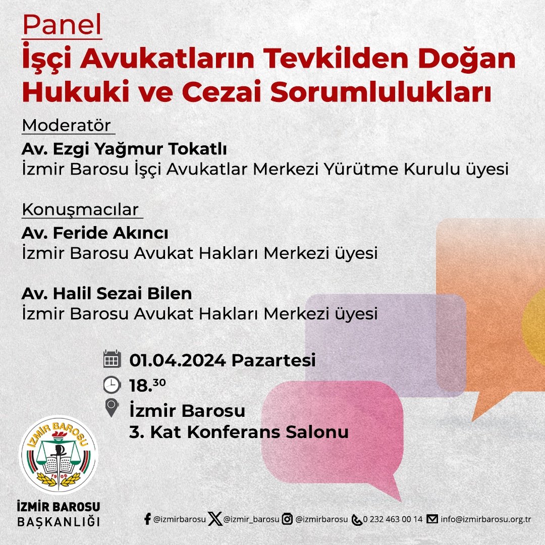 📢 Bugün 🕞 18.30 ✅ Düzenleyen: @izmir_barosu 💬 @EzgiYagmur_t, Feride Akıncı, Halil Sezai Bilen 🗓️ Yaklaşan hukuk etkinlikleri: turkiyehukuk.org/etkinlik/ 🔹Bizi takip edin: linktr.ee/turkiyehukuk