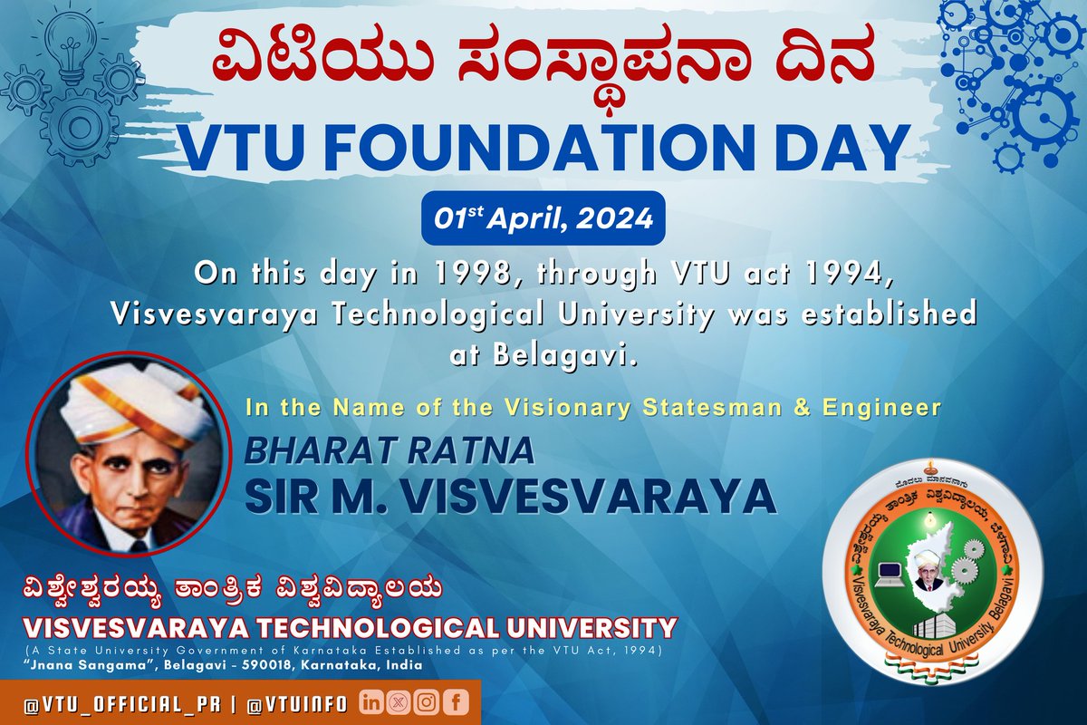 Happy VTU Foundation Day! 🎓 Celebrating 26 years of excellence in technical education. Named after the visionary Sir M. Visvesvaraya, we honor his legacy and commitment to innovation. Here's to fostering brilliance and shaping future leaders!