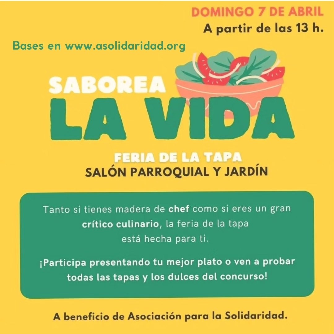 💙 Fin de semana solidario en nuestra comunidad de <a href="/redentoristasev/">Redentoristas Sevilla</a>
🥧 Entre ellas esta Feria de la Tapa en la que puedes participar para apoyar proyectos de desarrollo de Asociación para la Solidaridad. 
🌐 Puedes ver la bases en nuestra web asolidaridad.org
Te esperamos!