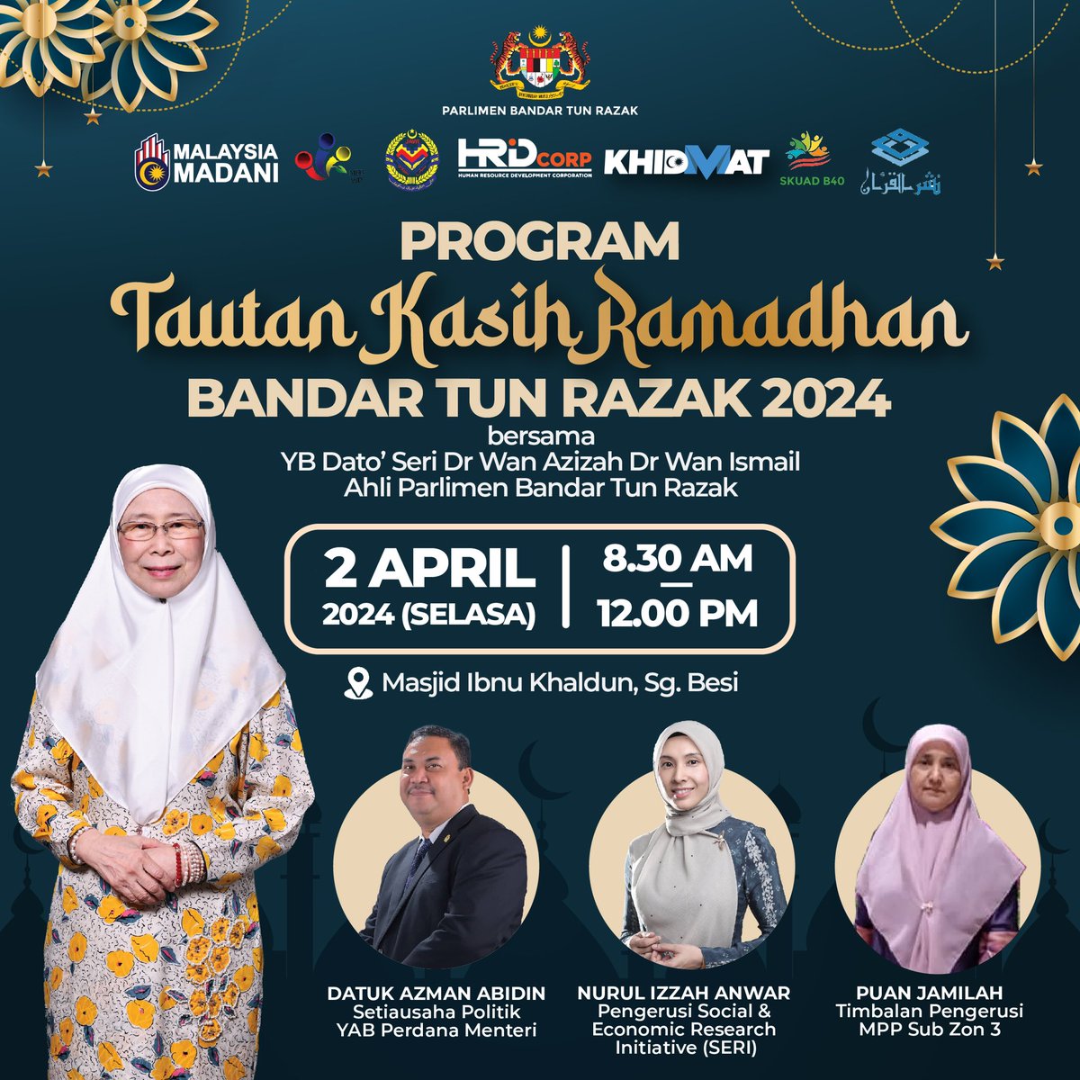 Tahun ini, Khidmat Malaysia dengan kerjasama HRDCorp, JAWI, Skuad B40 dan Nasyrul Quran akan bersama-sama YB Dato’ Seri @drwanazizah, Ahli Parlimen Bandar Tun Razak serta Datuk @AzmanAbidinOffc & Sdri. @n_izzah bagi menyerahkan sumbangan 200 bakul makanan (1/2)..