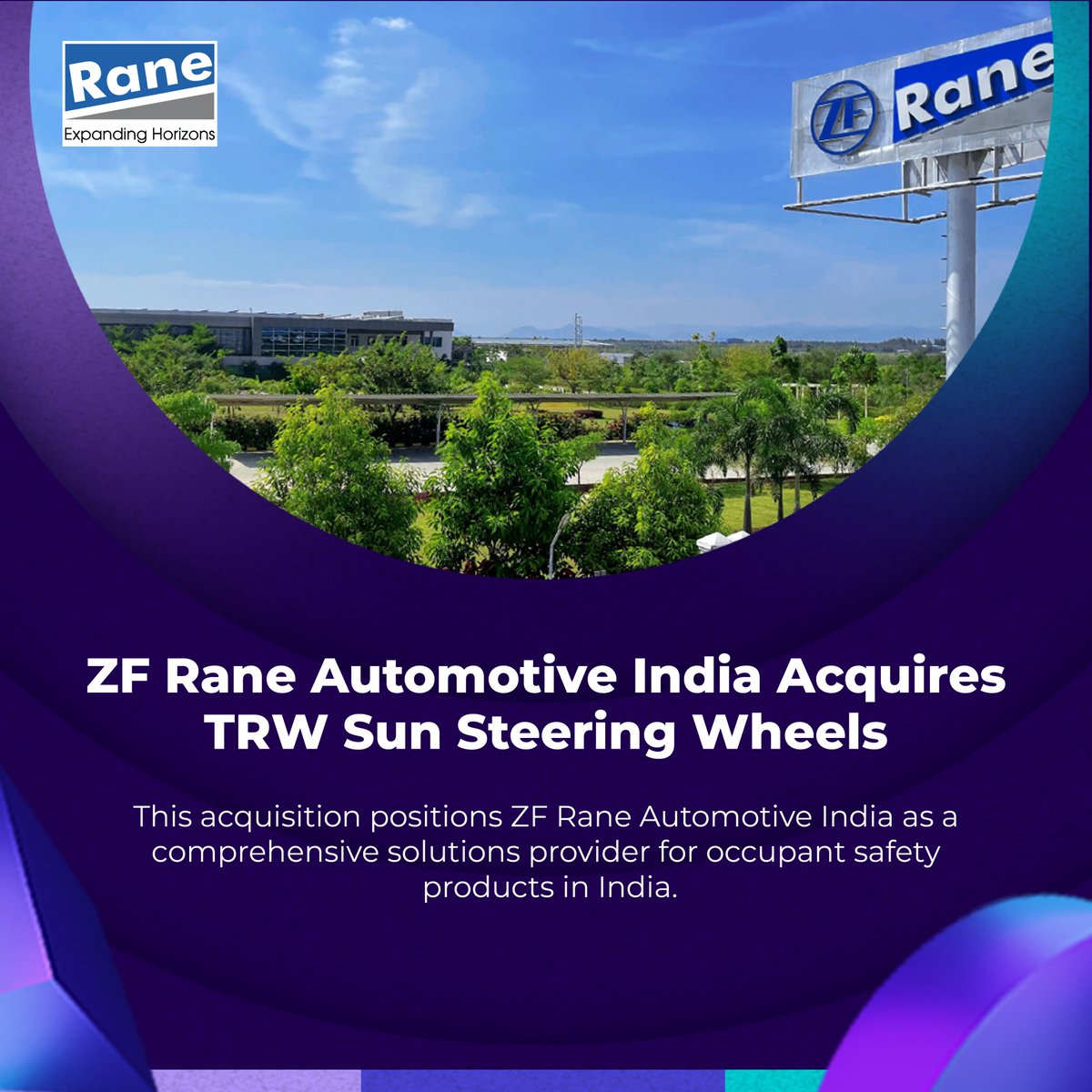 ZF Rane Automotive India Private Limited, a joint venture between ZF Group in India and Rane Group acquires 100% of the steering wheels manufacturer TRW Sun Steering Wheels Private Limited (TSSW). #Acquisition #Management #Automotive #products