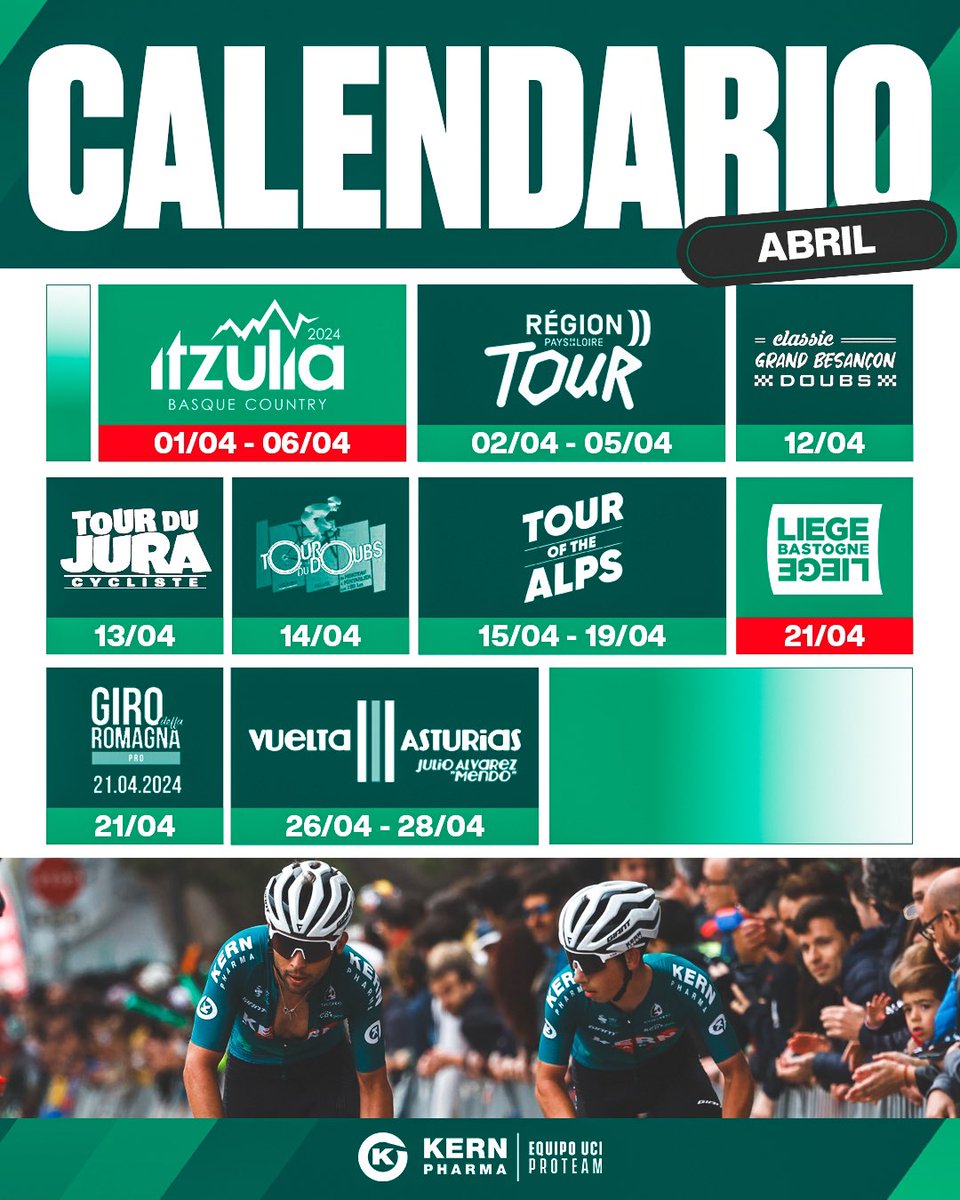 ✨ ¡Vaya mes de abril! 🔜 La esperada @ehitzulia, nuestro tercer monumento @LiegeBastogneL, la @vueltasturias, carreras en Francia e Italia... ¡Preparados! 🫡