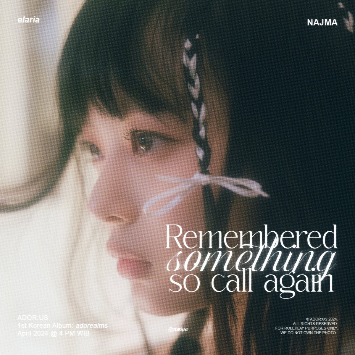 ㅤ

·˚ ₊⁺. 𝓯𝓪𝓲𝓻𝓲𝓮𝓼 𝓸𝓯 𝓪𝓭𝓸𝓻𝓮𝓪𝓵𝓶𝓼 ✧₊⁺
She is Najma—elaria's fairy. She has the golden voice that could show you some magic! She'll sing for you, just be careful when you go to elaria. 

#ADOR_US #NAJMA
#adorealms

ㅤ