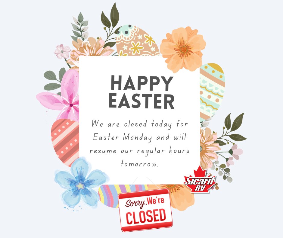 Wishing everyone a Happy Easter from Sicard RV! 🌸🌼🌷

We hope you are enjoying your Easter, just wanted to remind everyone we are closed today for Easter Monday and will resume our regular hours tomorrow